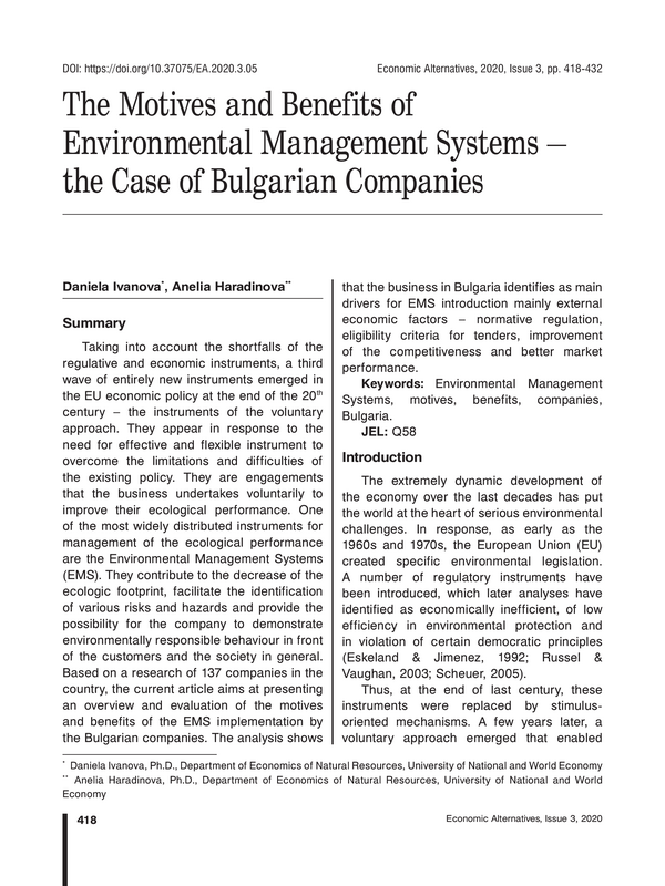 The Motives and Benefits of Environmental Management Systems – the Case of Bulgarian Companies