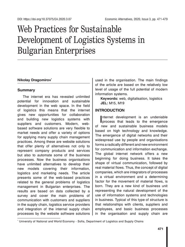 Web Practices for Sustainable Development of Logistics Systems in Bulgarian Enterprises