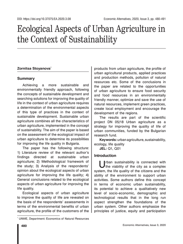 Ecological Aspects of Urban Agriculture in the Context of Sustainability