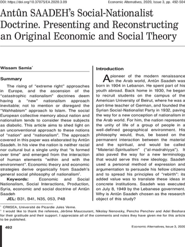 Antun SAADEH’s Social-Nationalist Doctrine. Presenting and Reconstructing an Original Economic and Social Theory