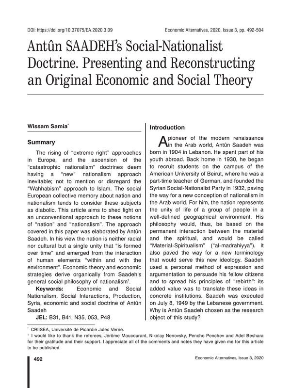 Antun SAADEH’s Social-Nationalist Doctrine. Presenting and Reconstructing an Original Economic and Social Theory