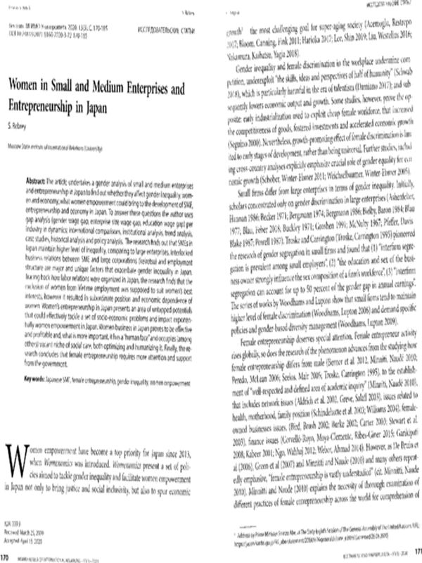 Women in small and medium entrepreneurship and entepreneurship in Japan