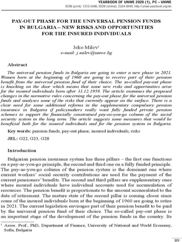 Pay-out Phase for The Universal Pension Funds in Bulgaria – New Risks and Opportunities for the Insured Individuals