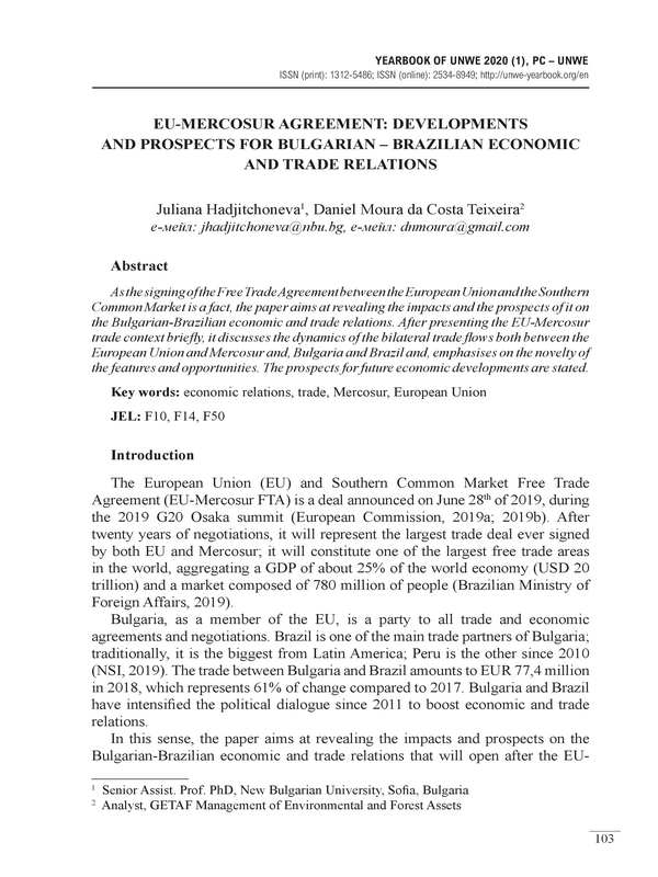 EU-Mercosur Agreement: Developments and Prospects for Bulgarian-Brazilian Economic and Trade Relations