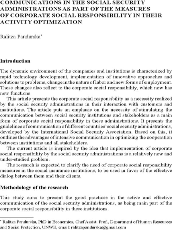 Communications in the Social Security Administrations as Part of the Measures of Corporate Social Responsibility in their Activity Optimization