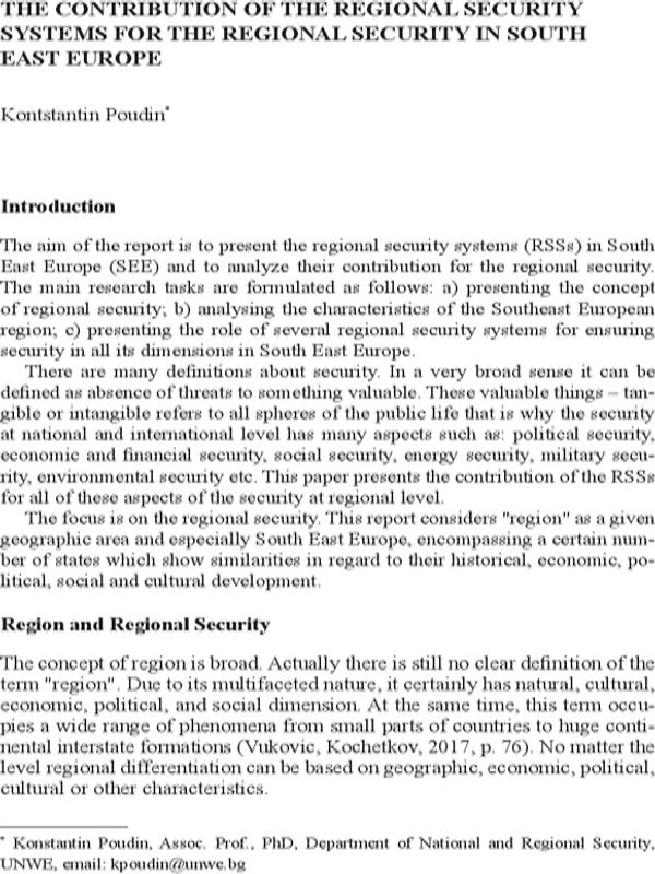 The Contribution of the Regional Security Systems for the Regional Security in South East Europe