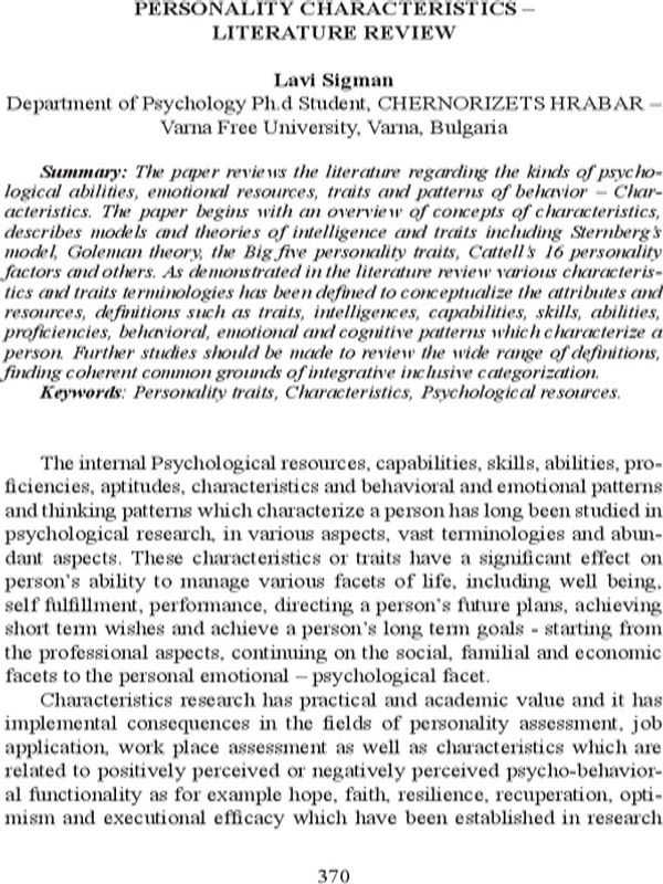 Personality Characteristics - Literature review