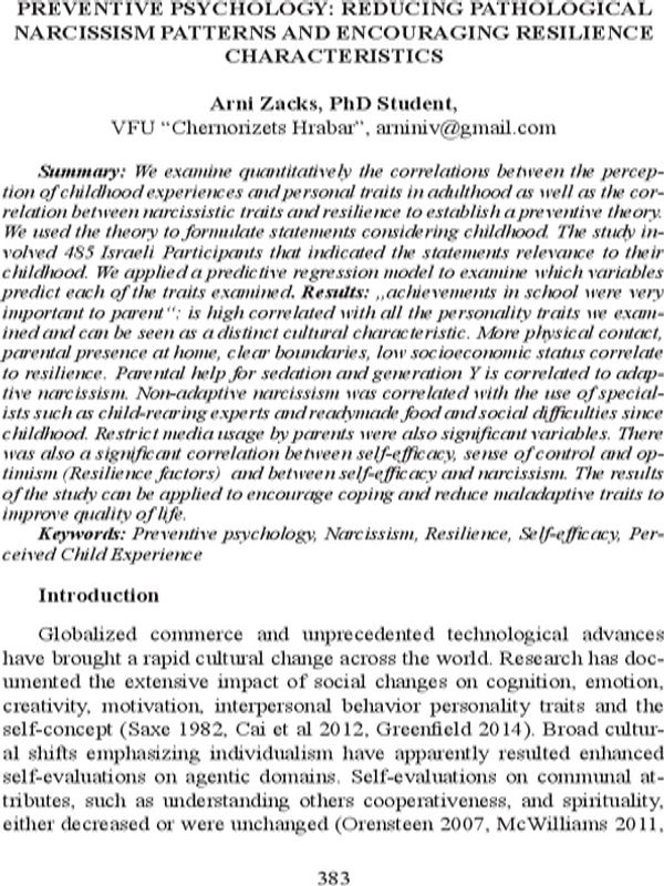 Preventive psychology: reducing pathological narcissism patterns and encouraging resilience characteristics