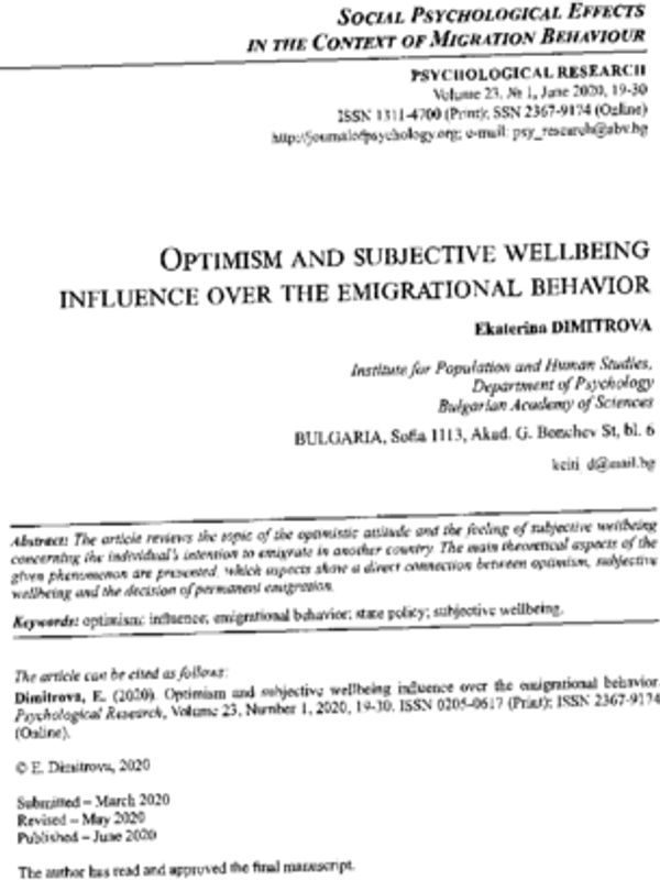 Optimism and subjective wellbeing influence over the emigrational behavior