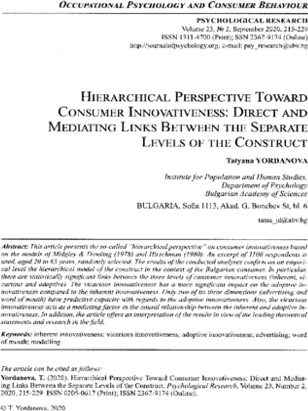 Hierarchical perspective toward consumer innovativeness: Direct and mediating links between the separate levels of the construct