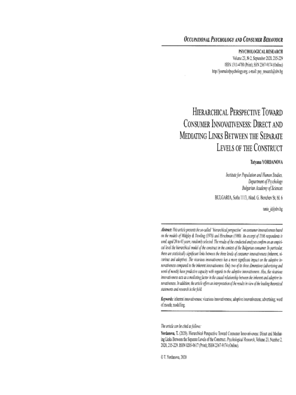 Hierarchical perspective toward consumer innovativeness: Direct and mediating links between the separate levels of the construct