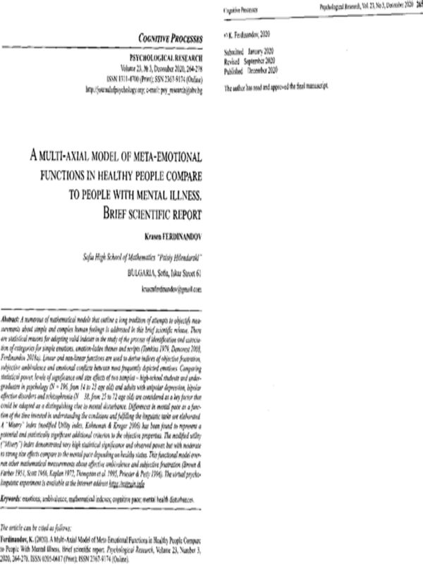 A multi-axial model of meta-emotional functions in healthy people compare to people with mental illness. Brief scientific report