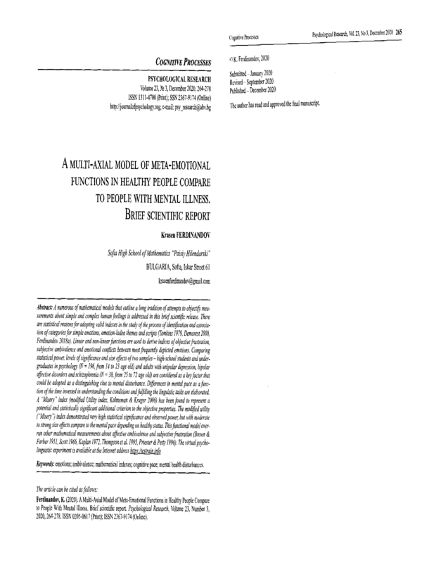 A multi-axial model of meta-emotional functions in healthy people compare to people with mental illness. Brief scientific report