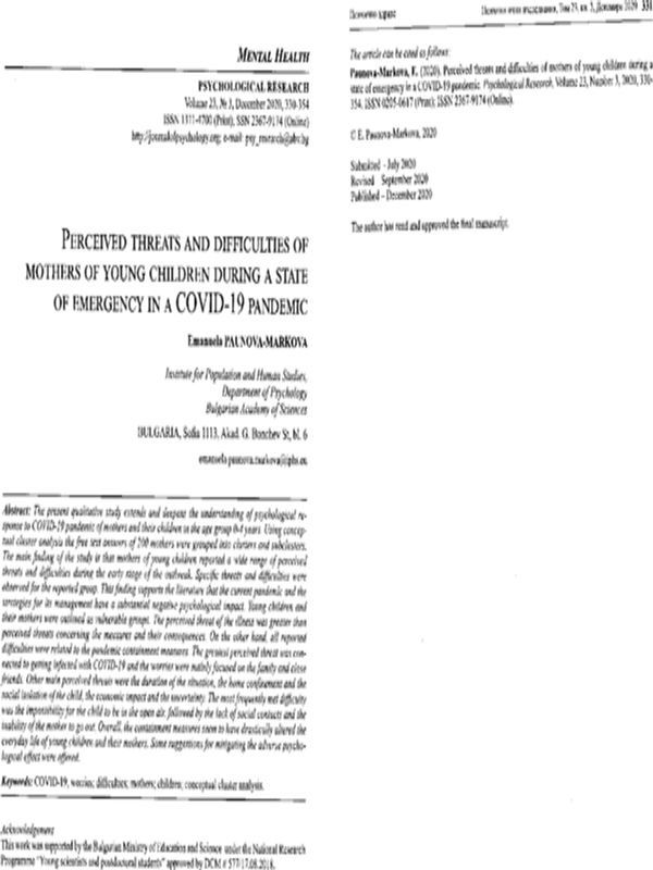 Perceived threats and difficulties of mothers of young children during a state of emergency in a COVID-19 pandemic