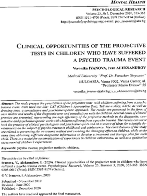 Clinical opportunities of the projective tests in children who have suffered a psycho trauma event