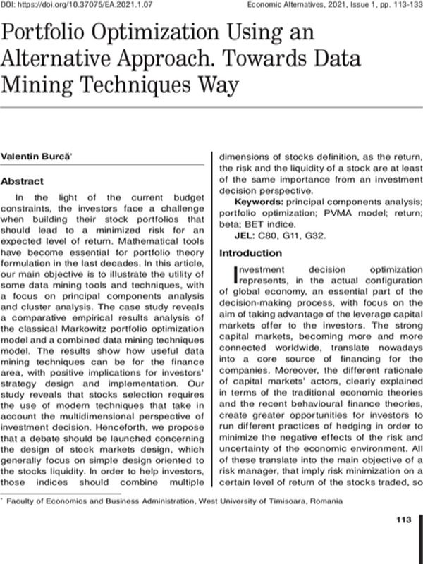 Portfolio Optimization Using an Alternative Approach. Towards Data Mining Techniques Way