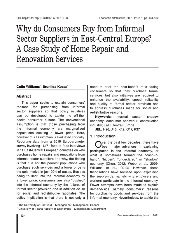 Why do Consumers Buy from Informal Sector Suppliers in East-Central Europe? A Case Study of Home Repair and Renovation Services