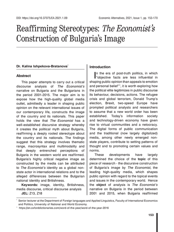 Reaffirming Stereotypes: The Economist’s Construction of Bulgaria’s Image