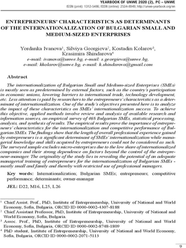 Entrepreneurs’ Characteristics as Determinants of the Internationalization of Bulgarian Small and Medium-Sized Enterprises