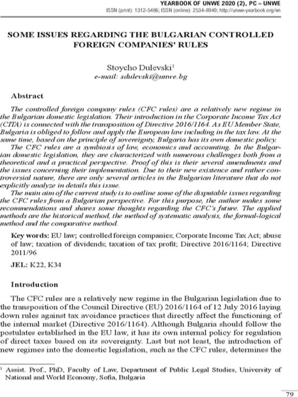 Some Issues Regarding the Bulgarian Controlled Foreign Companies' Rules
