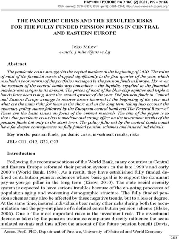 The Pandemic Crisis and the Resulted Risks for the Fully Funded Pension Funds in Central and Eastern Europe
