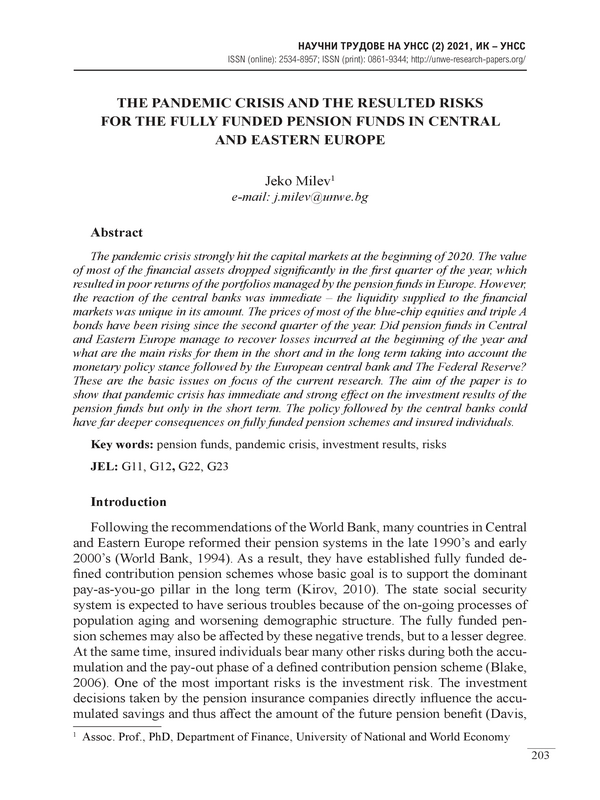 The Pandemic Crisis and the Resulted Risks for the Fully Funded Pension Funds in Central and Eastern Europe