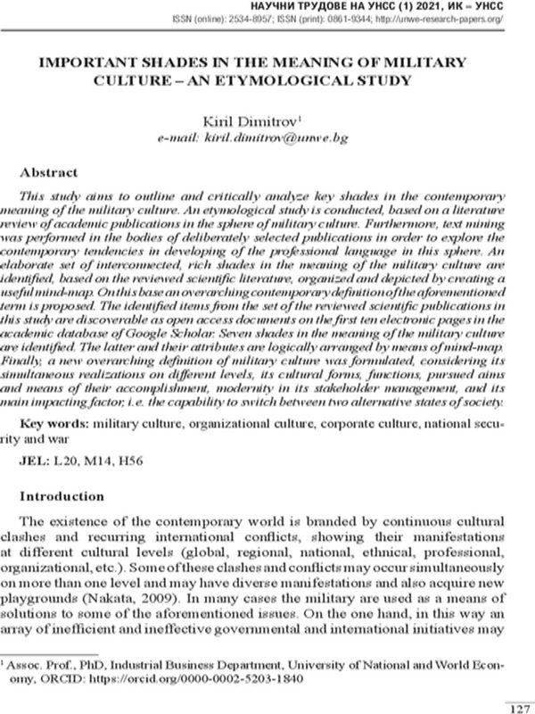 Important Shades in The Meaning of Military Culture – An Etymological Study