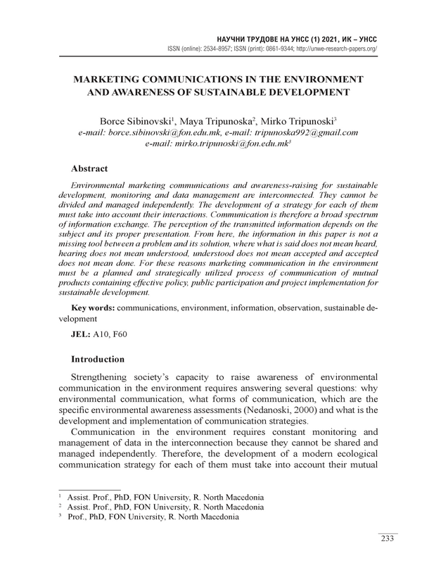 Marketing Communications in the Environment and Awareness of Sustainable Development