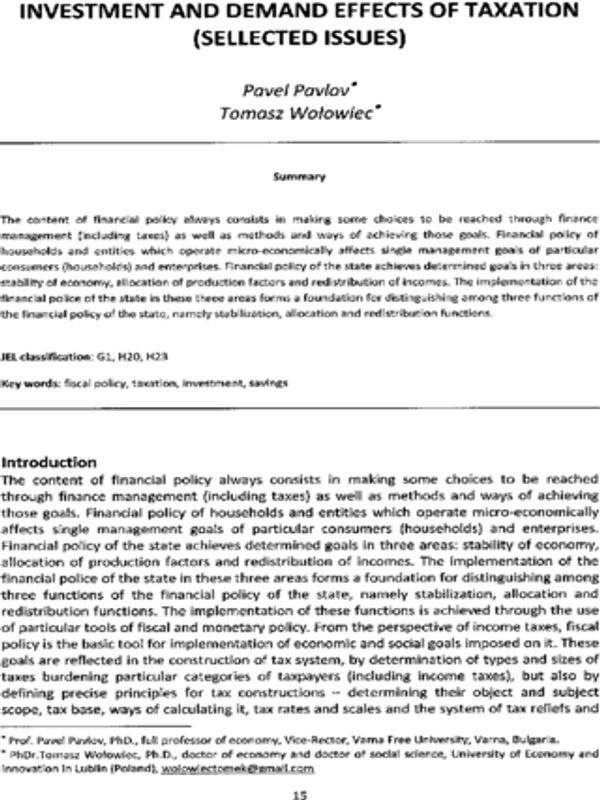 Investment and demand effects of taxation (Selected issues)