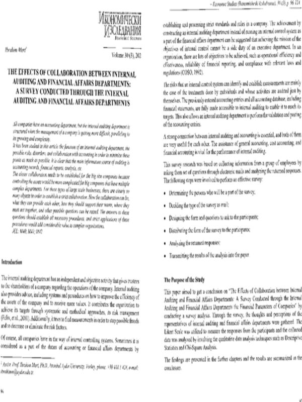 The Effects of Collaboration between Internal Auditing and Financial Affairs Departments: A Survey Conducted through the Internal Auditing and Financial Affairs Departments
