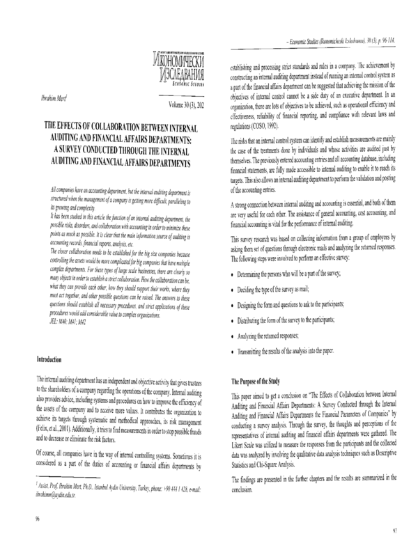 The Effects of Collaboration between Internal Auditing and Financial Affairs Departments: A Survey Conducted through the Internal Auditing and Financial Affairs Departments