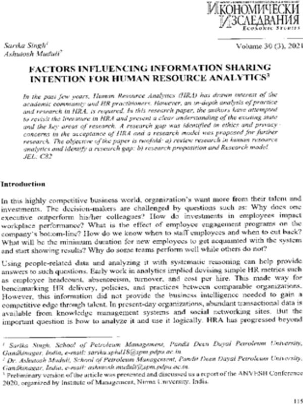 Factors Influencing Information Sharing Intention for Human Resource Analytics