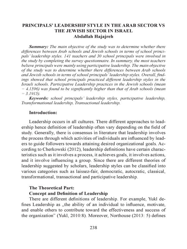 Principals` leadership style in the Arab sector vs the Jewish sector in Israel