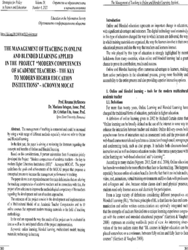 The Management of Teaching in Online and Blended Learning Applied in the Project "Modern Competences of Academic Teachers - the Key to Modern Higher Education Institutions" - Acronym MOCAT