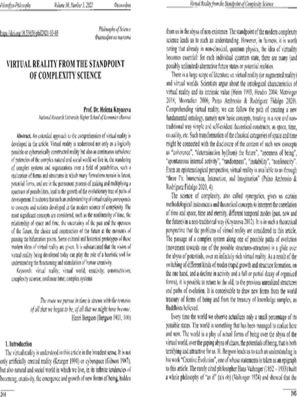 Virtual reality from the standpoint of complexity science