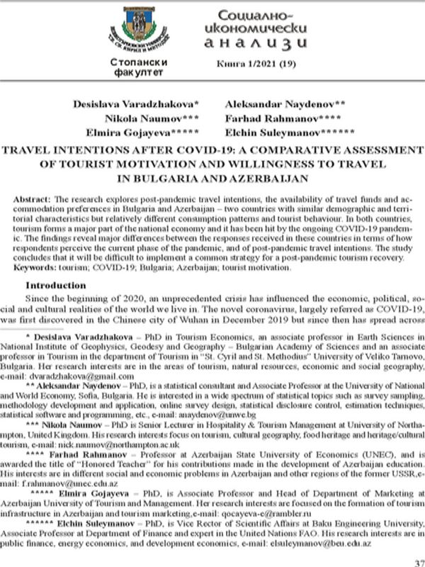 Travel Intentions After Covid-19: A Comparative Assessment of Tourist Motivation and Willingness to Travel in Bulgaria and Azerbaijan