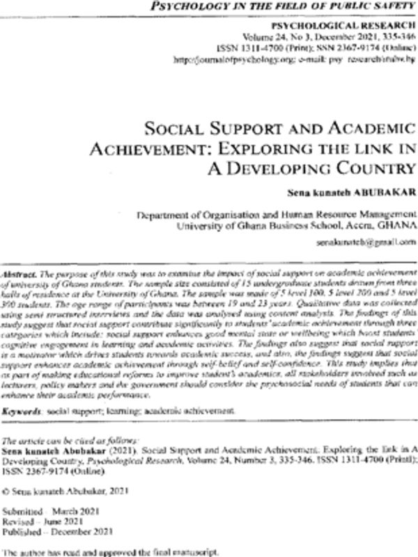 Social Support and Academic achievement: Exploring the link in a developing country