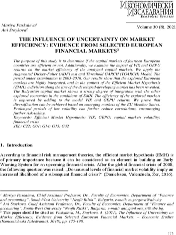 The Influence of Uncertainty on Market Efficiency: Evidence from Selected European Financial Markets