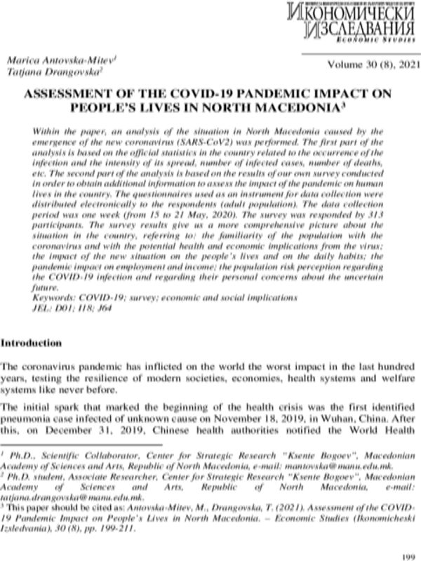 Assessment of the COVID-19 Pandemic Impact on People’s Lives in North Macedonia