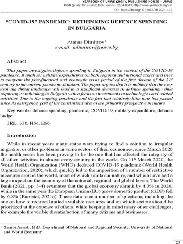 “COVID-19” Pandemic: Rethinking Defence Spending in Bulgaria