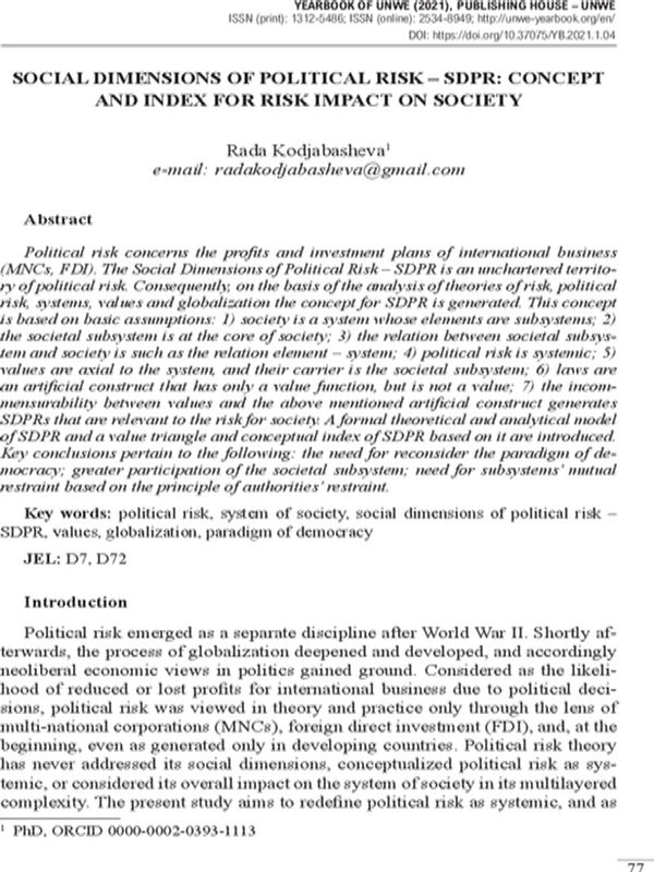 Social Dimensions of Political Risk – SDPR: Concept and Index for Risk Impact on Society
