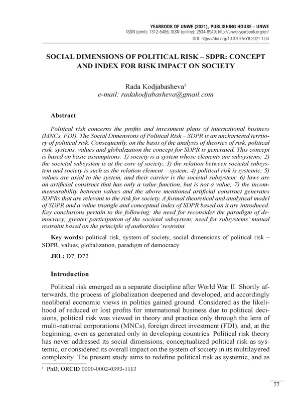 Social Dimensions of Political Risk – SDPR: Concept and Index for Risk Impact on Society