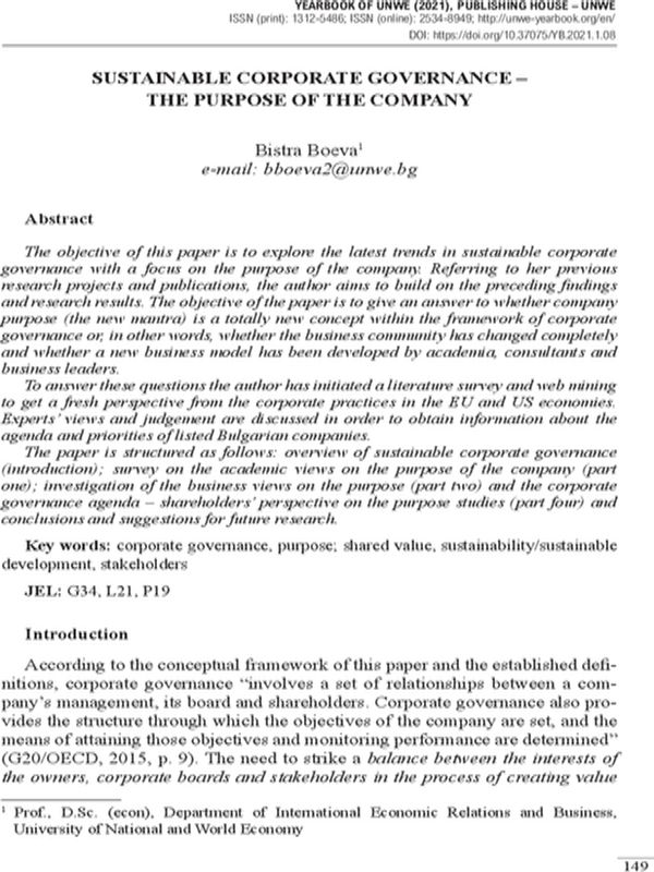 Sustainable Corporate Governance – The Purpose of the Company