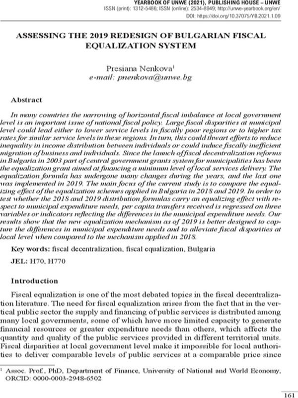 Assessing the 2019 Redesign of Bulgarian Fiscal Equalization System