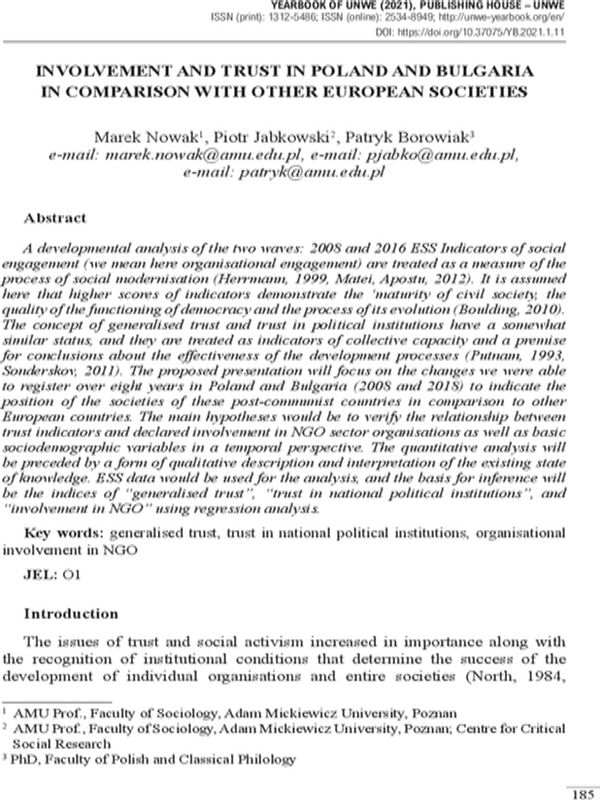 Involvement and Trust in Poland and Bulgaria in Comparison with Other European Societies