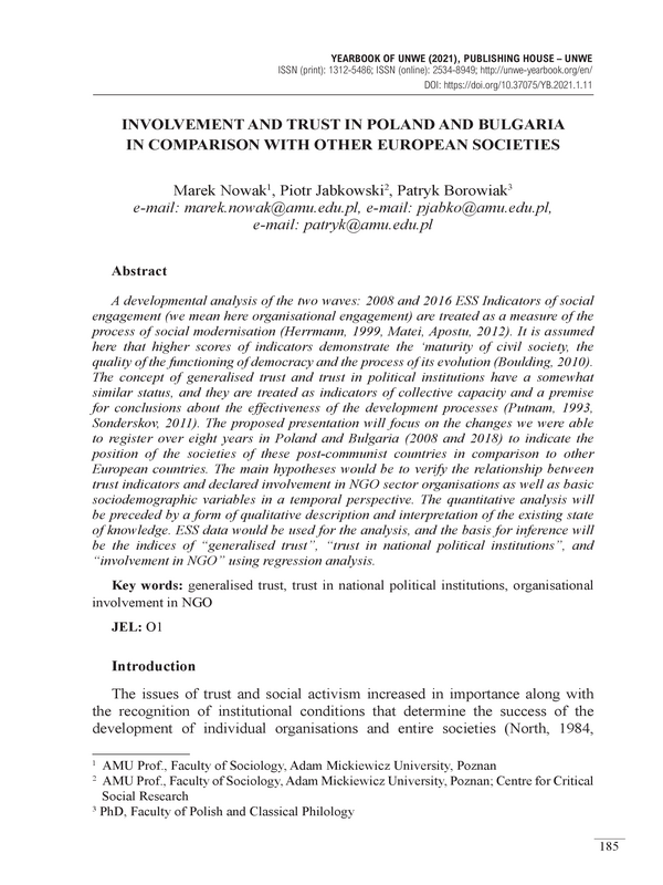 Involvement and Trust in Poland and Bulgaria in Comparison with Other European Societies