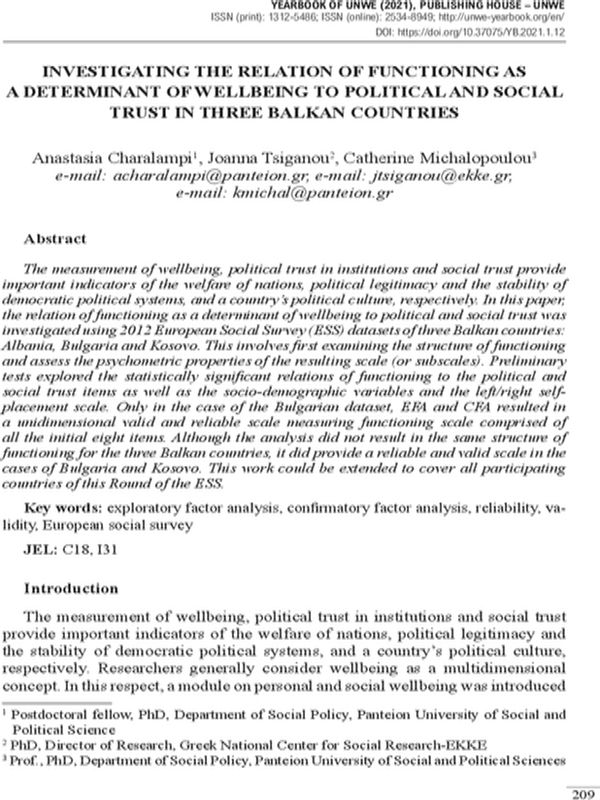 Investigating the Relation of Functioning as A Determinant of Wellbeing to Political and Social Trust in Three Balkan Countries