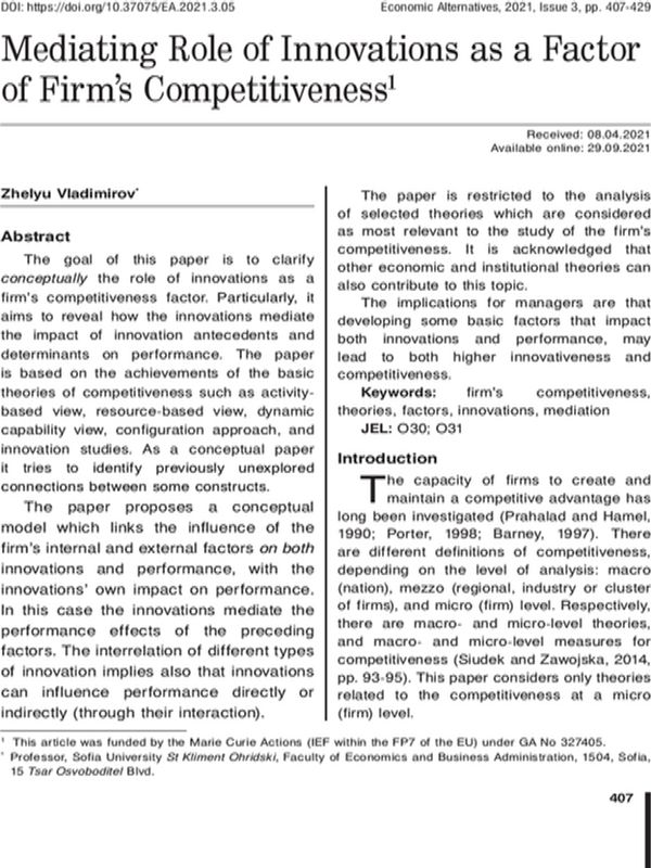 Mediating Role of Innovations as a Factor of Firm’s Competitiveness