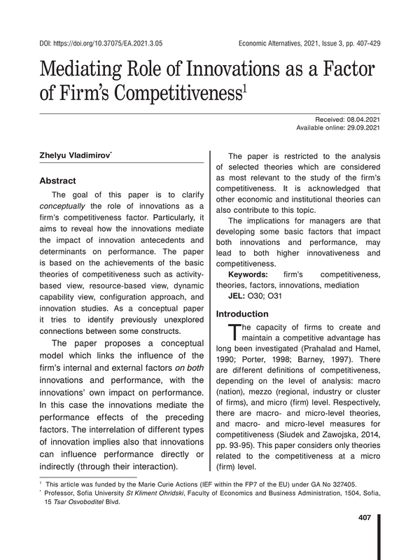 Mediating Role of Innovations as a Factor of Firm’s Competitiveness