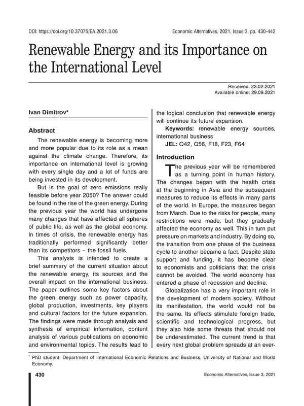 Renewable Energy and its Importance on the International Level